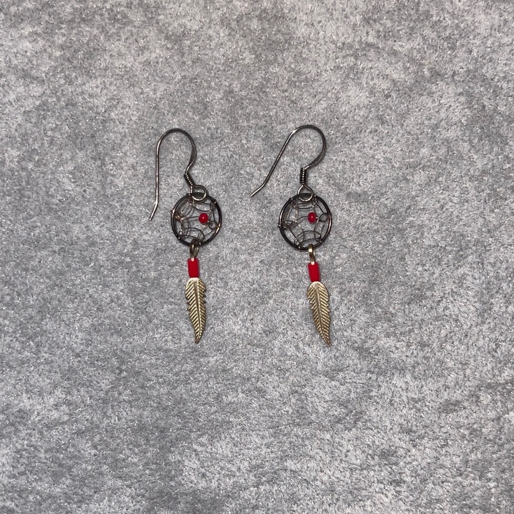 red and gold dream catcher earrings